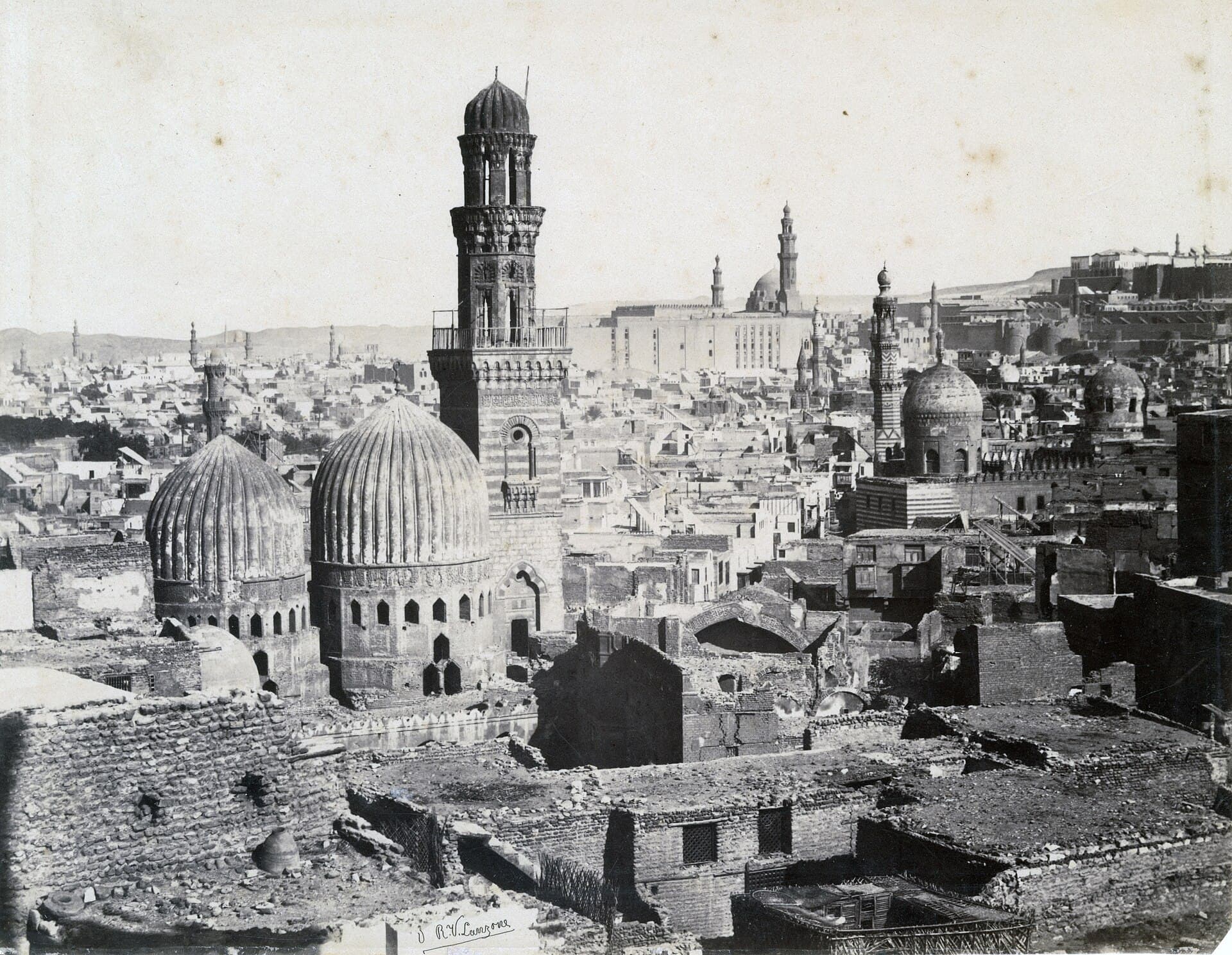 The domes and minarets of Islamic Cairo, looking toward the Citadel, 1870. Photograph by R. V. Lanzone.